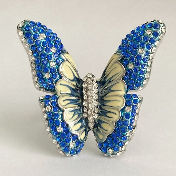 Vintage Blue Butterfly Cocktail Ring Statement Size 7 9 Crystal Rhodium Plated - Picture 2 of 13